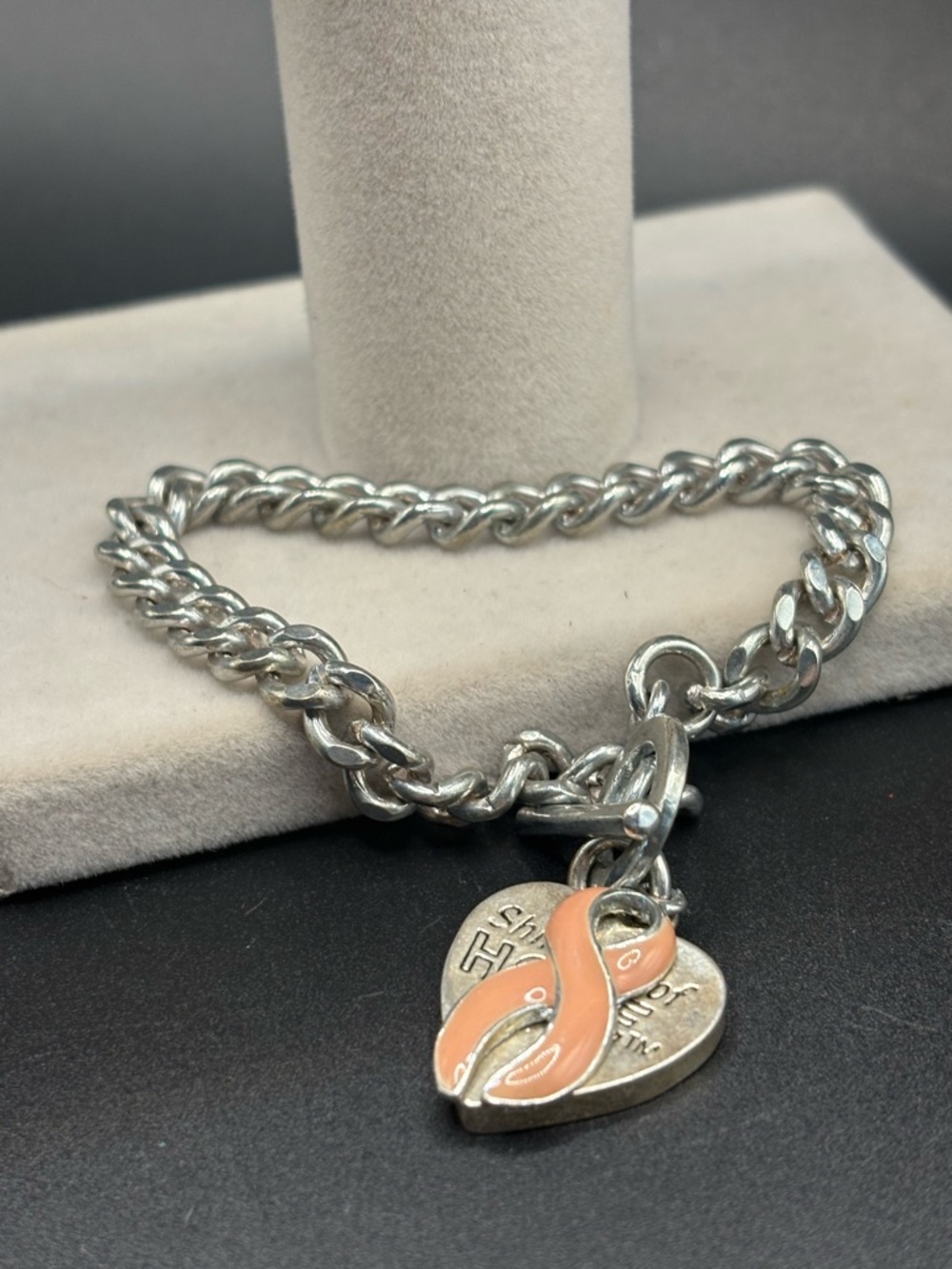 Shimmer of Hope Breast Cancer Awareness Bracelet w Charms Heart Bow Silver Tone